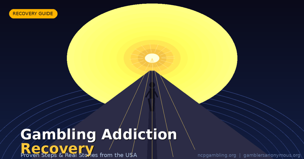 Gambling addiction recovery — a person walking toward light at the end of a dark tunnel, representing hope