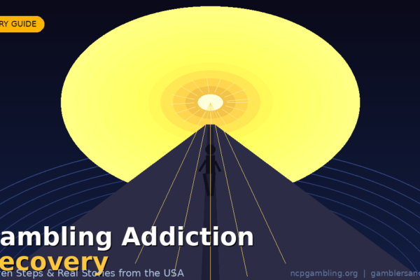 Gambling addiction recovery — a person walking toward light at the end of a dark tunnel, representing hope