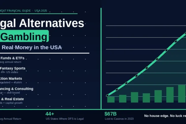 Legal alternatives to gambling showing upward growth chart and five real money methods for USA investors