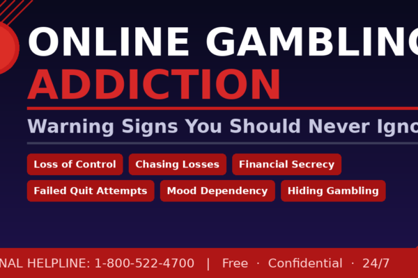 Online gambling addiction warning signs — red flags including loss of control, chasing losses, and financial secrecy