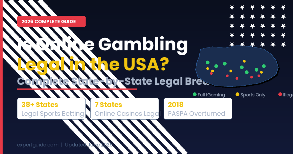 Online gambling legal USA state guide showing licensed states map 2026
