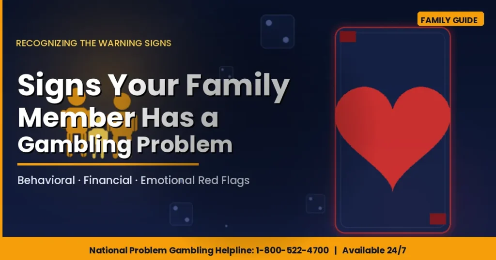 Signs your family member has a gambling problem — family silhouette beside a playing card with warning symbols