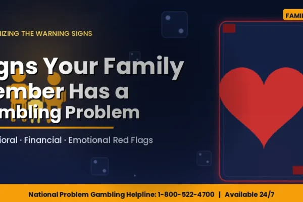 Signs your family member has a gambling problem — family silhouette beside a playing card with warning symbols